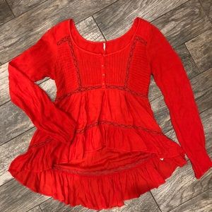 Free People Red Flowy Blouse
